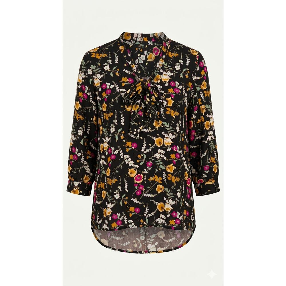 harvé benard Black Floral Blouse Large - Gold Metallic Foil Tie Neck Top